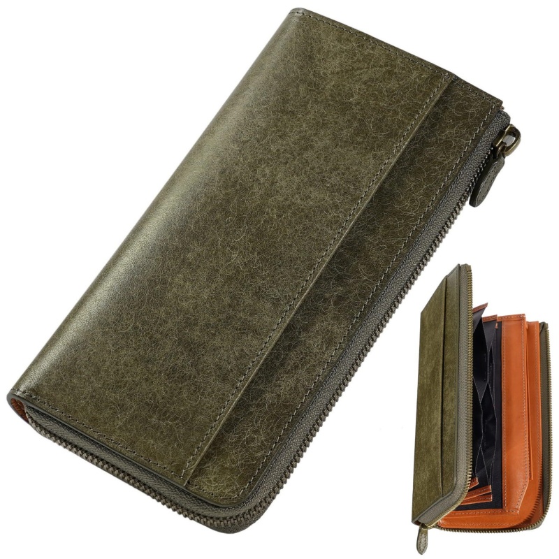 Men's Premium Feeling Cowhide Leather Zipper Long Clutch Men's Wallets