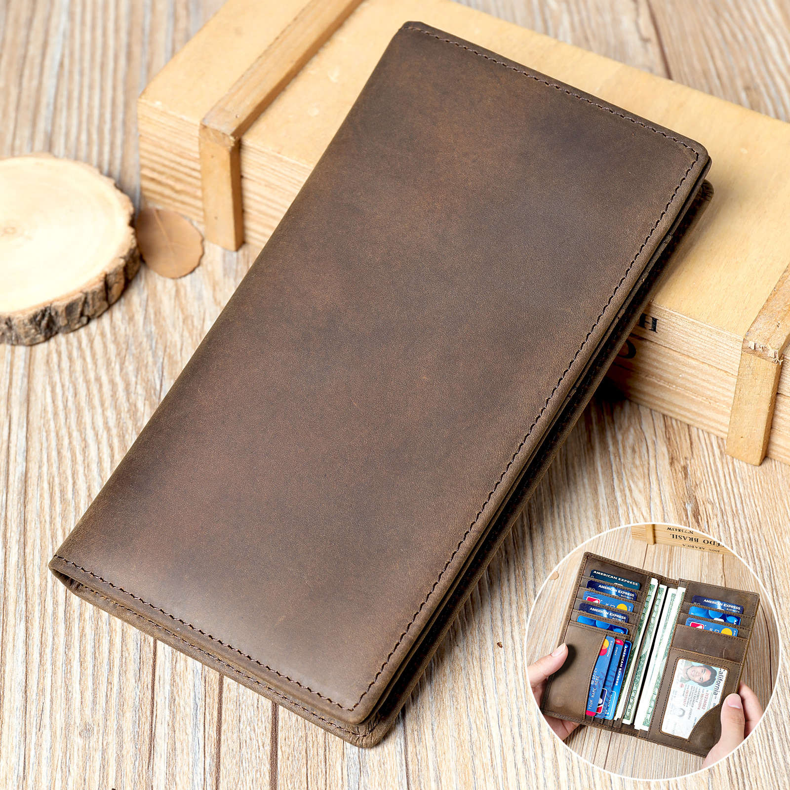 Malente Crazy Horse Leather Men's Long Wallet Premium Feeling Head Layer Cowhide Vintage Full Leather Money Clip Magnetic Suit Bag